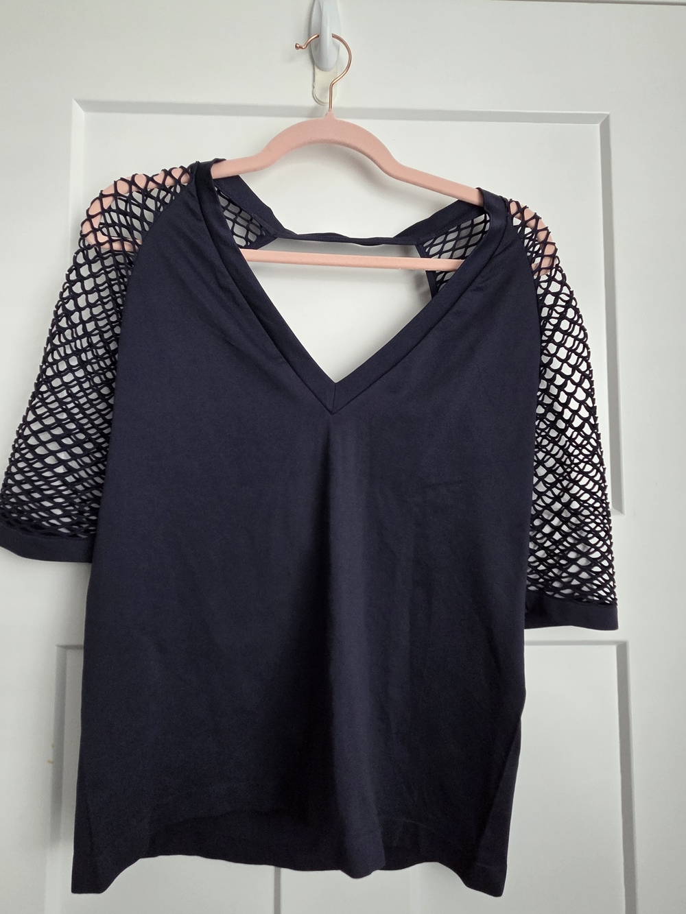 0040.  Navy V-Neck Top with Fishnet Short Sleeves